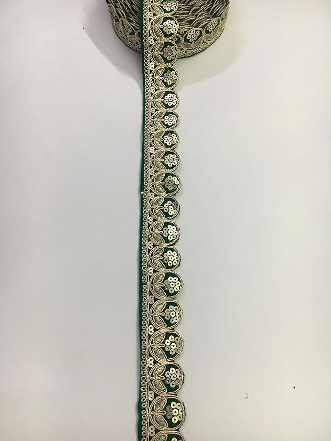 Cutwork lace Border with Flower sequance jari Embroidery Work/dori lace/lace Border/Blouse lace/Saree Border/Dupatta/lahenga/Art Craft(Green Color)