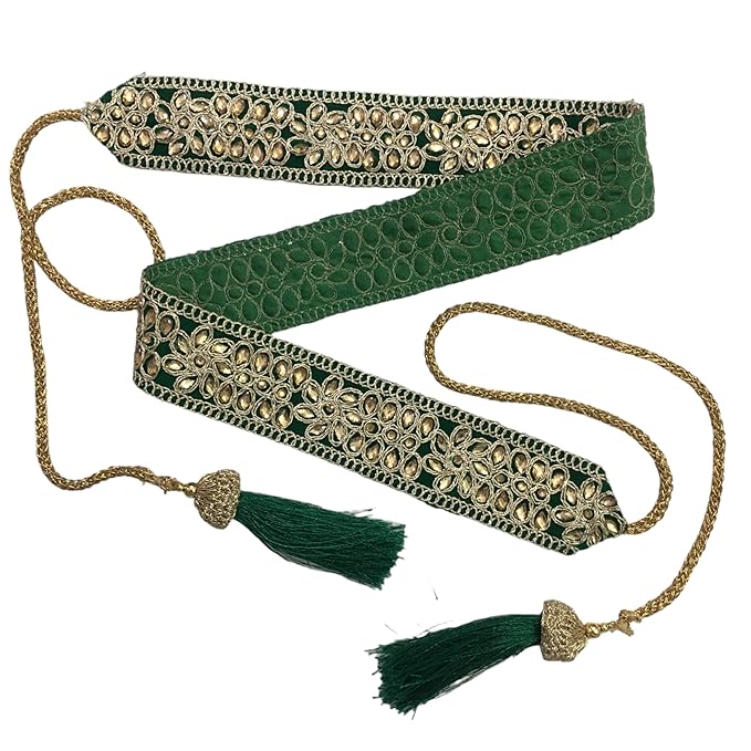 HEMDEV Women's Green Color Velvet Kamarband (Bridal Belt) with Golden Embroidery And Handmade Glue Stone Kundan(Adjustable) width 4.5cm /Waist Hip Belt/Lehnga Belts/saree belt