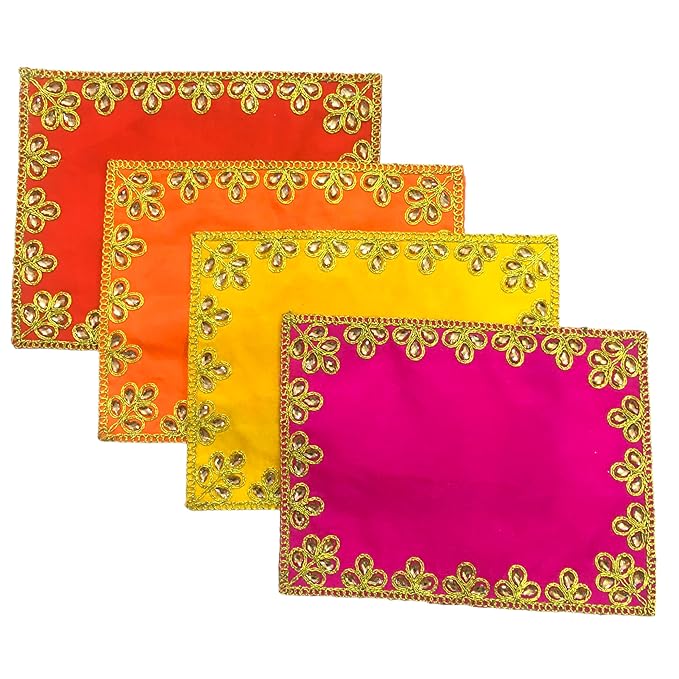 HEMDEV (6 x 8 Inch Embroidered Multicolor Silk Cloth for Pooja and God Idol/Puja Aasan Kapda/Chawki Altar Red Puja Cloth for Mandir, Temple and Other Puja Rituals - Pack of 4