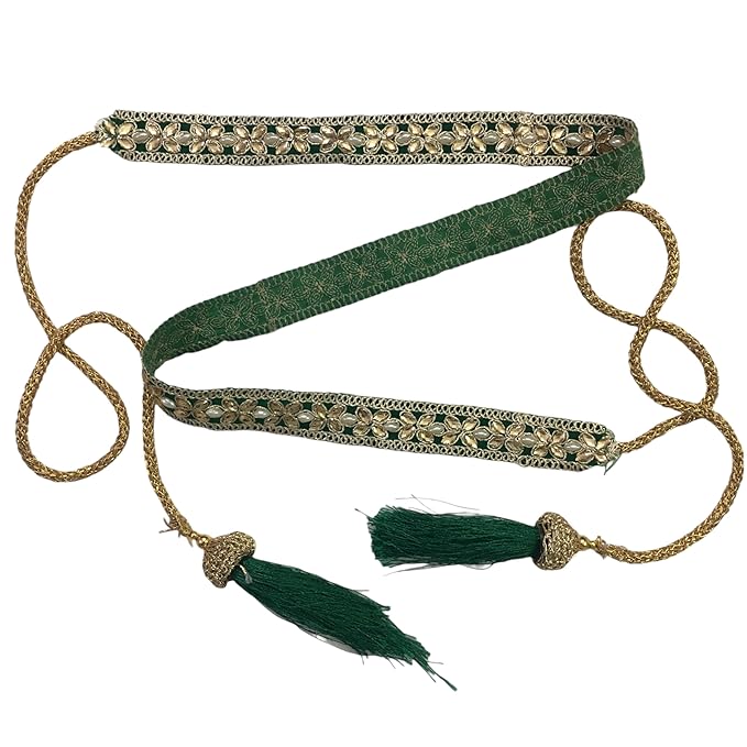 HEMDEV Traditional and Beautiful Dark Green Embroidery Belt for Women | Perfect Vaddanam and Kamarbandh | Saree Belt for Women, Waist Belt For Girls, Velvet Fabric With Decorative stone kundan moti
